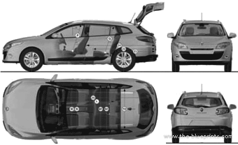 Renault Megane III Break (2009) - Рено - чертежи, габариты, рисунки автомобиля
