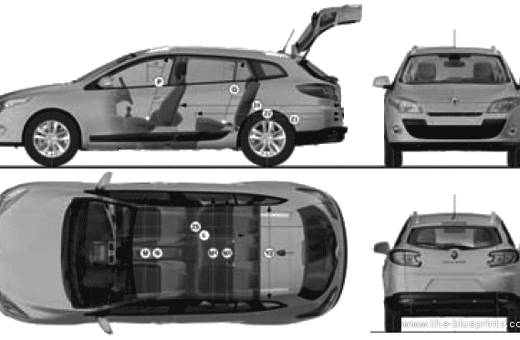 Renault Megane III Estate (2009) - Рено - чертежи, габариты, рисунки автомобиля