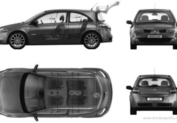 Renault Megane II 3-Door Sport (2005) - Рено - чертежи, габариты, рисунки автомобиля