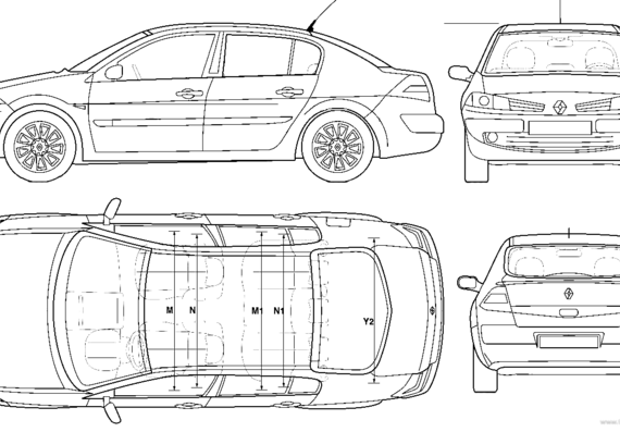Renault Megane II 4-Door Sedan (2006) - Рено - чертежи, габариты, рисунки автомобиля