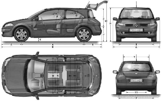 Renault Megane II Coupe (2007) - Рено - чертежи, габариты, рисунки автомобиля