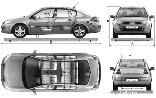Renault Megane II Sedan (2007) - Рено - чертежи, габариты, рисунки автомобиля