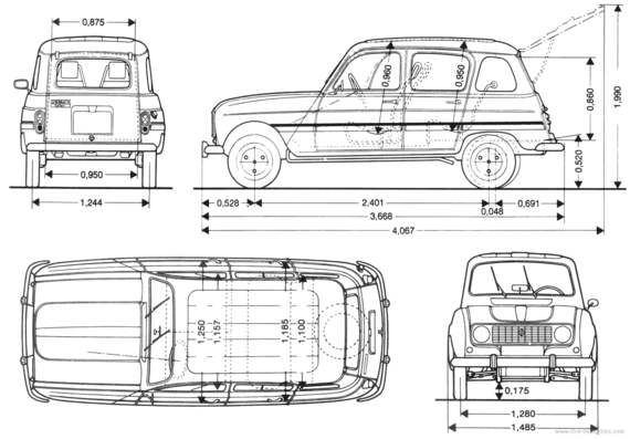 Renault R4 - Рено - чертежи, габариты, рисунки автомобиля