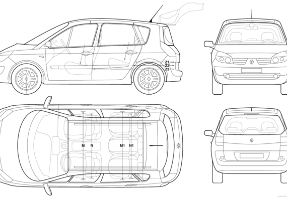 Renault Scenic (2006) - Рено - чертежи, габариты, рисунки автомобиля