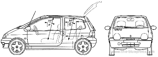 Renault Twingo (2004) - Рено - чертежи, габариты, рисунки автомобиля