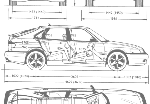 Saab 9-3 - Сааб - чертежи, габариты, рисунки автомобиля