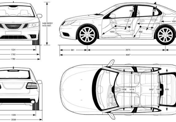 Saab 9-3 (2010) - Сааб - чертежи, габариты, рисунки автомобиля