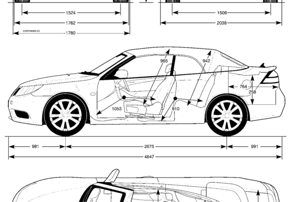 Saab 9-3 Cabrio (2009) - Сааб - чертежи, габариты, рисунки автомобиля