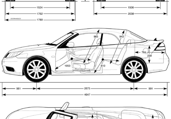 Saab 9-3 Cabrio (2010) - Сааб - чертежи, габариты, рисунки автомобиля