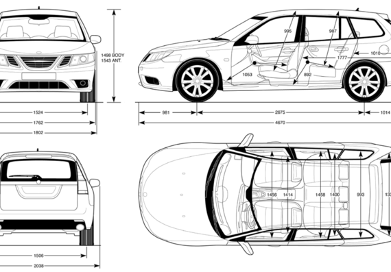 Saab 9-3 Sport Combi (2010) - Сааб - чертежи, габариты, рисунки автомобиля