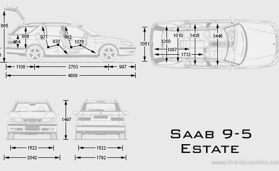 Saab 9-5 Estate - Сааб - чертежи, габариты, рисунки автомобиля