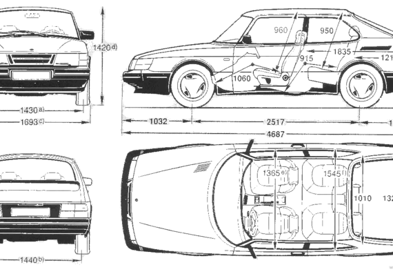 Saab 900 3/5 - Сааб - чертежи, габариты, рисунки автомобиля