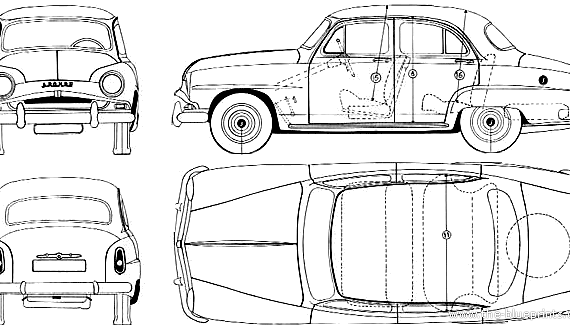 Simca 9 Aronde 1300 (1956) - Симка - чертежи, габариты, рисунки автомобиля