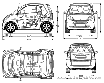 Smart Fortwo Coupe (2007) - Смарт - чертежи, габариты, рисунки автомобиля