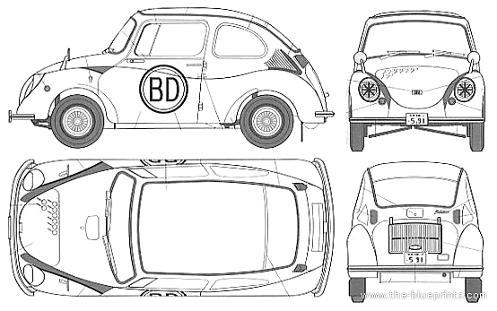 Subaru 360 (1960) - Субару - чертежи, габариты, рисунки автомобиля