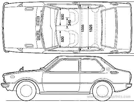Toyota Corolla E30 4-Door (1974) - Тойота - чертежи, габариты, рисунки автомобиля