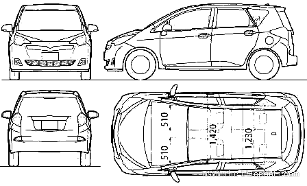 Toyota Ractis (2011) - Тойота - чертежи, габариты, рисунки автомобиля