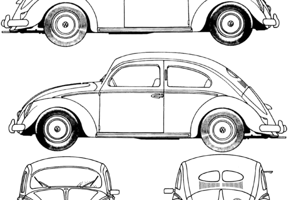 Volkswagen Beetle 1200 (1952) - Фольцваген - чертежи, габариты, рисунки автомобиля