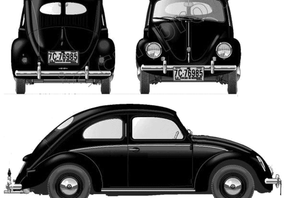 Volkswagen Beetle (1951) - Фольцваген - чертежи, габариты, рисунки автомобиля