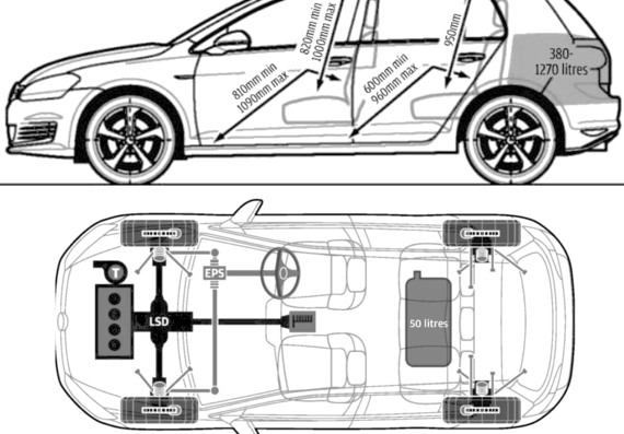 Volkswagen Golf GTi 5-Door (2013) - Фольцваген - чертежи, габариты, рисунки автомобиля