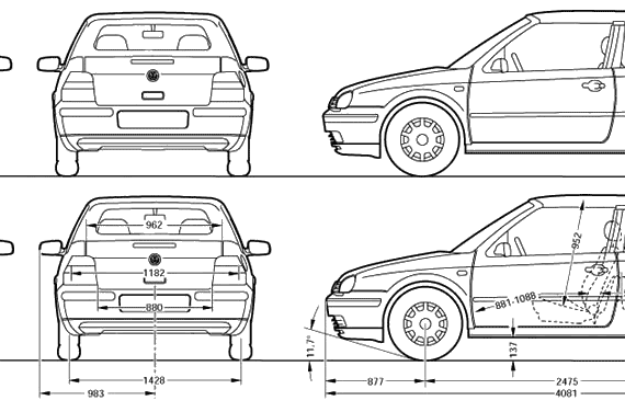 Volkswagen Golf Mk. 3 (Cabrio) - Фольцваген - чертежи, габариты, рисунки автомобиля