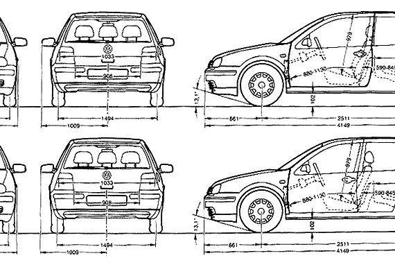 Volkswagen Golf Mk. 4 (3/5-door) - Фольцваген - чертежи, габариты, рисунки автомобиля
