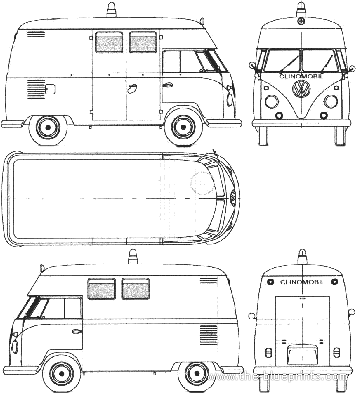 Volkswagen Kombi High Roof (1963) - Фольцваген - чертежи, габариты, рисунки автомобиля