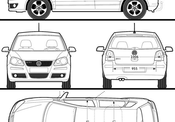 Volkswagen Polo GTi 5-Door (2008) - Фольцваген - чертежи, габариты, рисунки автомобиля