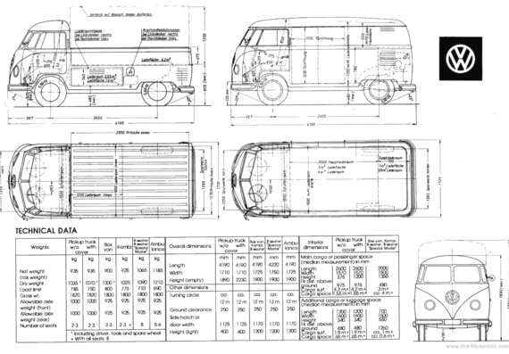 Volkswagen Type 2 T1 (Split) Singlecab and Panel - Фольцваген - чертежи, габариты, рисунки автомобиля