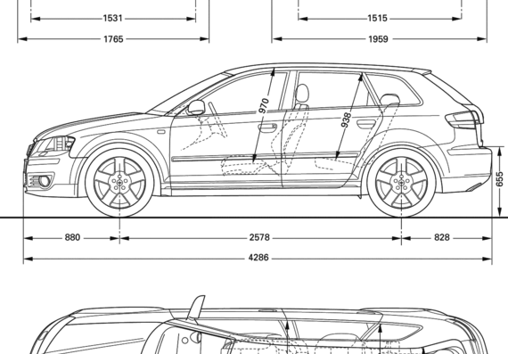 Audi A3 (2008) - Ауди - чертежи, габариты, рисунки автомобиля