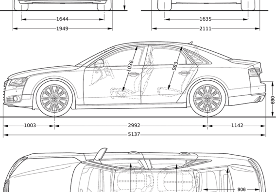 Audi A8 (2011) - Ауди - чертежи, габариты, рисунки автомобиля