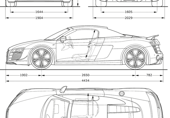 Audi R8 GT Spyder (2012) - Ауди - чертежи, габариты, рисунки автомобиля