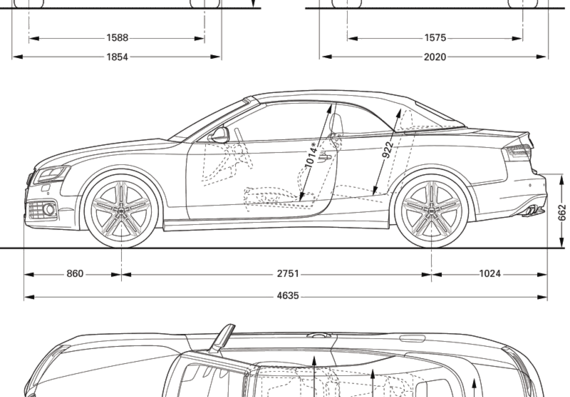 Audi S5 Cabriolet (2010) - Ауди - чертежи, габариты, рисунки автомобиля