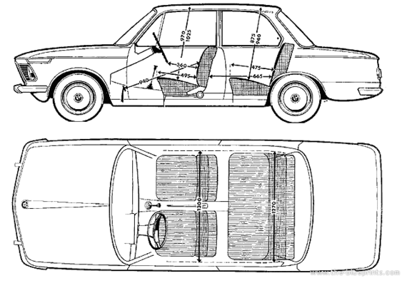 BMW 1602 - БМВ - чертежи, габариты, рисунки автомобиля
