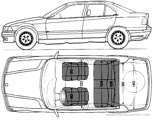 BMW 3-Series 320i (E36) (1992) - БМВ - чертежи, габариты, рисунки автомобиля