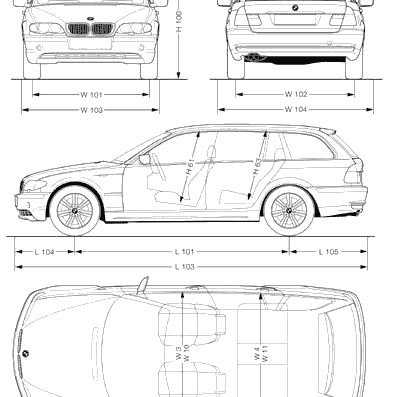 BMW 3-Series Touring (E46) - БМВ - чертежи, габариты, рисунки автомобиля