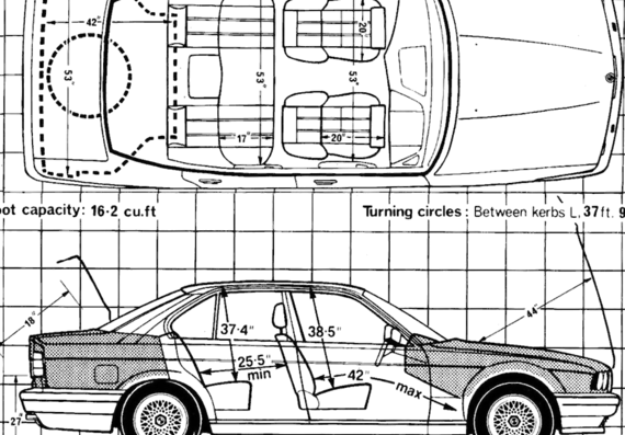 BMW 525i 24v (1990) - БМВ - чертежи, габариты, рисунки автомобиля