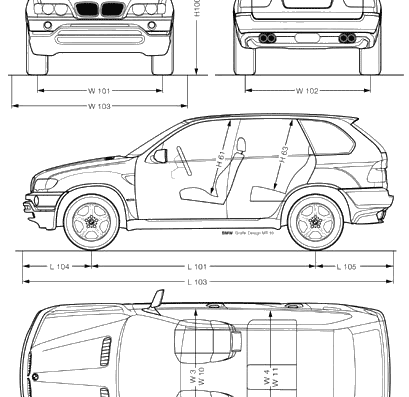 BMW X5 (E53) - БМВ - чертежи, габариты, рисунки автомобиля