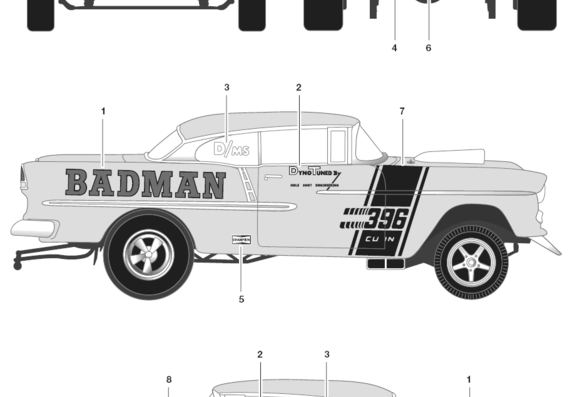 Chevrolet 150 2-Door Coupe Badman (1955) - Шевроле - чертежи, габариты, рисунки автомобиля