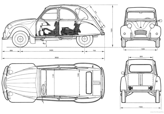 Citroen 2CV - Ситроен - чертежи, габариты, рисунки автомобиля