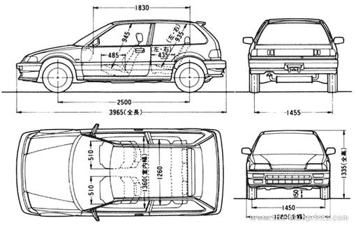 Honda Civic (1987) - Хонда - чертежи, габариты, рисунки автомобиля
