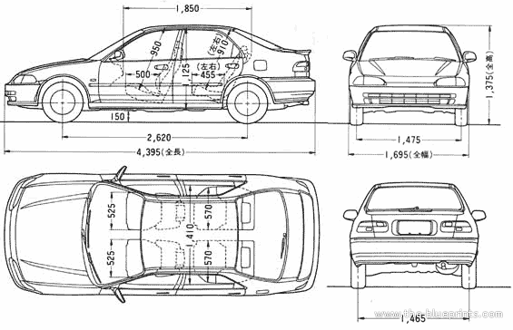 Honda Civic SiR (1991) - Хонда - чертежи, габариты, рисунки автомобиля