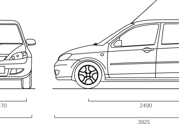 Mazda 2 (2007) - Мазда - чертежи, габариты, рисунки автомобиля