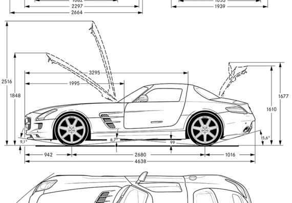Mercedes-Benz SLS AMG (2011) - Мерседес Бенц - чертежи, габариты, рисунки автомобиля