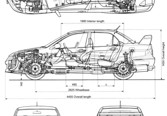 Mitsubishi Lancer Evolution VII - Митцубиси - чертежи, габариты, рисунки автомобиля