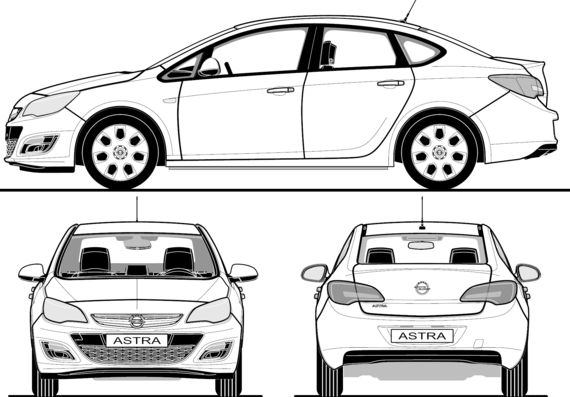 Opel Astra 4-Door (2012) - Опель - чертежи, габариты, рисунки автомобиля