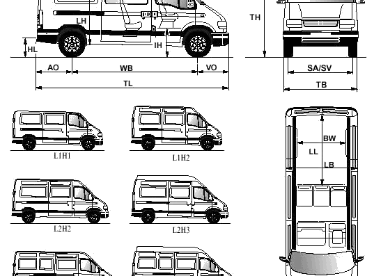 Opel Movano (2002) - Опель - чертежи, габариты, рисунки автомобиля