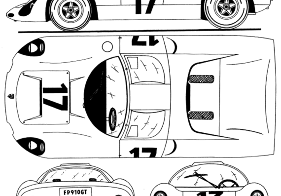 Porsche 910 (1967) - Порше - чертежи, габариты, рисунки автомобиля