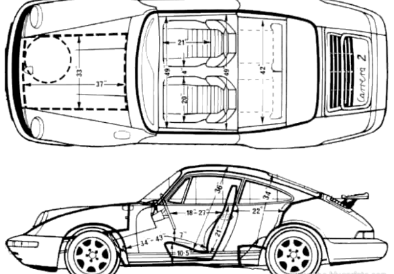 Porsche 911 (964) (1989) - Порше - чертежи, габариты, рисунки автомобиля