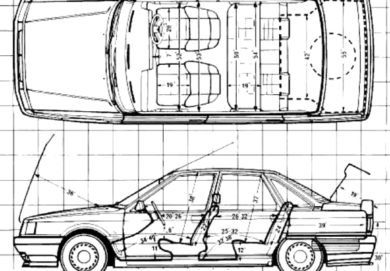 Renault 21 Turbo (1988) - Рено - чертежи, габариты, рисунки автомобиля